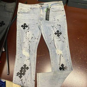 Eternity Mens Blue 5 Pocket Design Distressed Straight Leg Denim Jeans Size 38